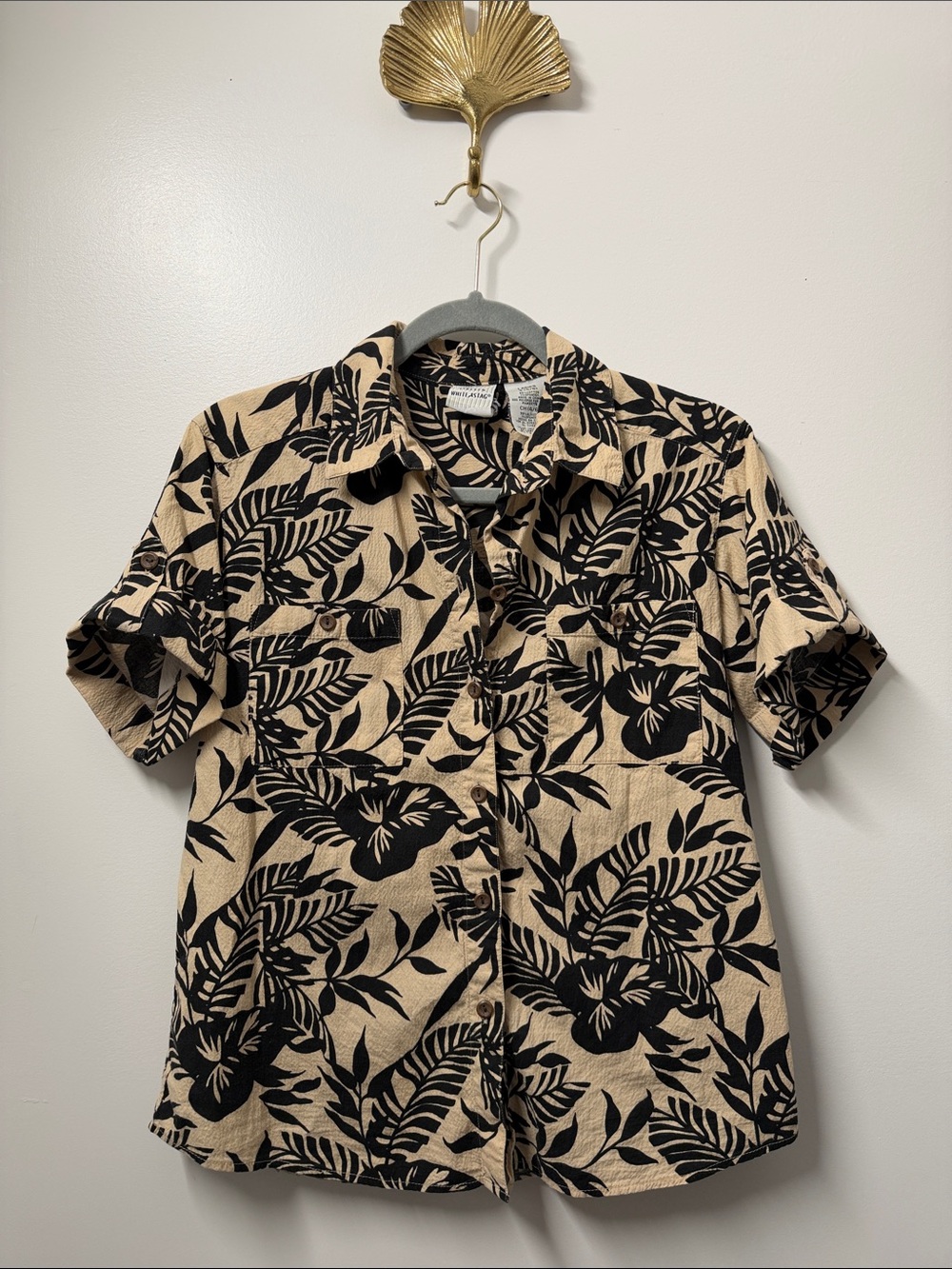 Vintage Hawaiian Black and Tan Tropical Button-Down Shirt